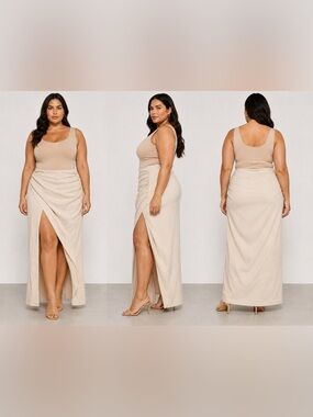 PrettyLittleThing Nude Ruched Maxi Skirt Size 12 NWT High Slit Draped Y2K